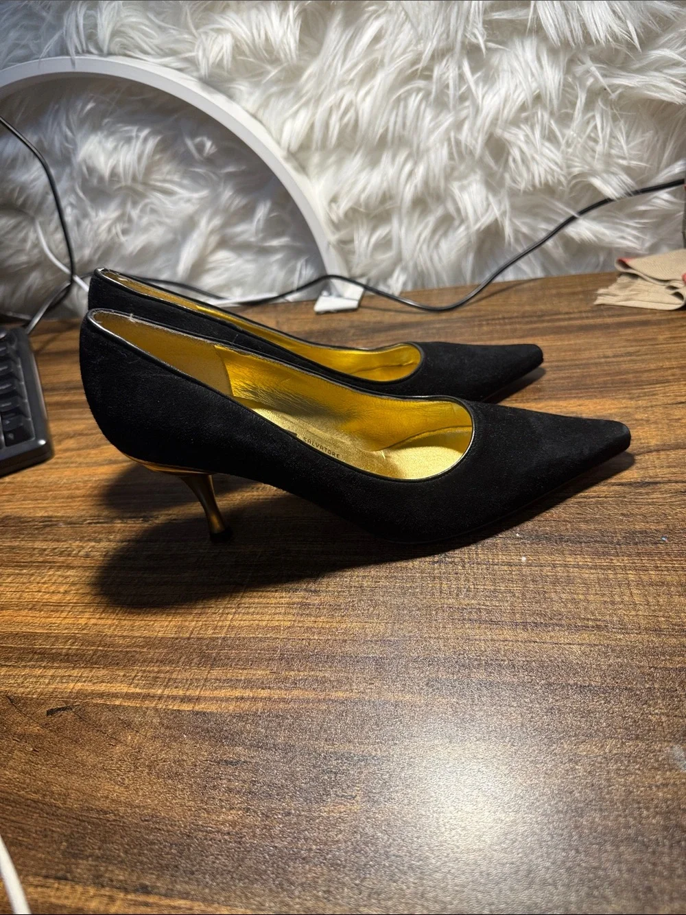 Salvatore Ferragamo Black Suede Pointed Pumps with Gold Insole